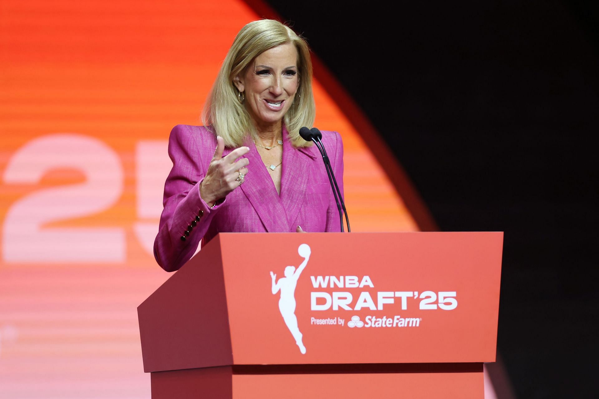 WNBA Commissioner Cathy Engelbert speaks during the 2025 WNBA Draft at The Shed on April 14, 2025, in New York City. - Source: Getty